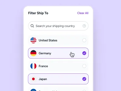 cognicart: AI Shopping & Ecommerce App - Filter By Country UI ai ecommerce app ai shopping app ai shopping assistant clean country filter country flag ui ecommerce app ecommerce ui ecommerce ui kit marketplace app minimal mobile app ui modern online shopping app purple shopping app shopping assistant shopping ui kit smart shopping app soft