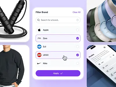 cognicart: AI Shopping & Ecommerce App - Filter By Brand UIUX ai ecommerce app ai shopping app ai shopping assistant clean ecommerce app ecommerce ui ecommerce ui kit filter ui marketplace app marketplace ui kit minimal mobile app ui modern online shopping app purple shopping app shopping assistant shopping ui kit smart shopping app soft