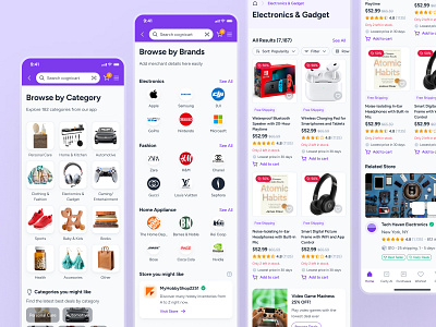 cognicart: AI Shopping & Ecommerce App - Product Exploration UI ai ecommerce app ai shopping app ai shopping assistant clean ecommerce app ecommerce ui ecommerce ui kit marketplace app minimal modern online shopping app product card ui product exploration ui product listing ui purple shopping app shopping assistant shopping ui kit smart shopping app soft