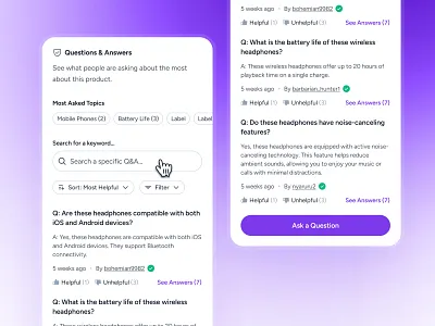cognicart: AI Shopping & Ecommerce App - FAQ Mobile Component ai ecommerce app ai shopping app ai shopping assistant clean ecommerce app ecommerce ui ecommerce ui kit marketplace app minimal modern online shopping app product question ui purple qa ui question ui shopping app shopping assistant shopping ui kit smart shopping app soft