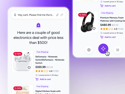cognicart: Carti AI Smart Shopping Assistant Flow UIUX ai ecommerce app ai shopping app ai shopping assistant ai shopping companion ai shopping ui clean ecommerce app ecommerce ui ecommerce ui kit marketplace app minimal modern online shopping app purple shopping app shopping assistant shopping companion shopping ui kit smart shopping app soft