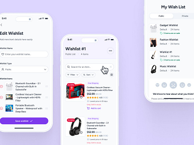 cognicart: AI Shopping & Ecommerce App - Manage Wishlist UIUX ai ecommerce app ai shopping app ai shopping assistant clean ecommerce app ecommerce ui ecommerce ui kit manage wishlist marketplace app minimal modern online shopping app product wishlist ui purple shopping app shopping assistant shopping ui kit smart shopping app soft wishlist ui