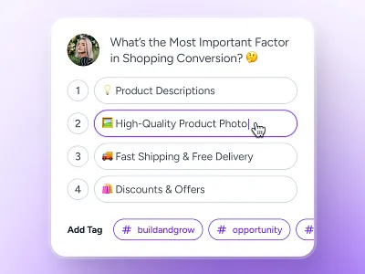 cognicart: AI Shopping & Ecommerce App - Poll Component UI ai ecommerce app ai shopping app ai shopping assistant clean community post ecommerce app ecommerce ui ecommerce ui kit marketplace app minimal modern online shopping app poll ui post ui purple shopping app shopping assistant shopping ui kit smart shopping app soft