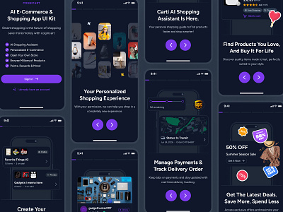 cognicart: AI Shopping & Ecommerce App - Welcome Screen UIUX ai ecommerce app ai shopping app ai shopping assistant clean dark mode ecommerce app ecommerce ui ecommerce ui kit marketplace app minimal modern onboarding ui online shopping app purple shopping app shopping assistant shopping ui kit smart shopping app soft welcome screen