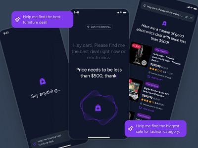 cognicart: AI Shopping & Ecommerce App - Shopping Assistant UIUX ai ecommerce app ai shopping app ai shopping assistant clean dark mode ecommerce app ecommerce ui ecommerce ui kit marketplace app minimal modern online shopping app purple shopping app shopping assistant shopping companion shopping ui kit smart shopping app soft voice recognition ui