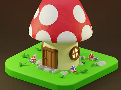 3D Scene of Isometric of Mushroom House 3d 3d illustration 3d scene blender cartoon fantasy game asset low poly movie asset mushroom house nature render