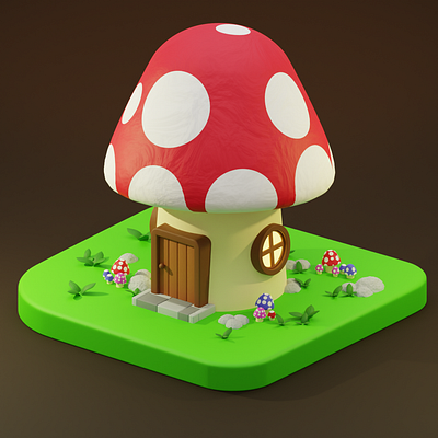 3D Scene of Isometric of Mushroom House 3d 3d illustration 3d scene blender cartoon fantasy game asset low poly movie asset mushroom house nature render