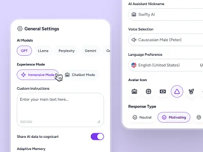 cognicart: AI Shopping & Ecommerce App - Chatbot Setting UIUX ai ecommerce app ai shopping app ai shopping assistant chatbot setting chatbot ui clean ecommerce app ecommerce ui ecommerce ui kit marketplace app minimal modern online shopping app purple shopping app shopping assistant shopping ui kit smart shopping app soft text input ui