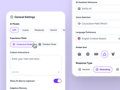 cognicart: AI Shopping & Ecommerce App - Chatbot Setting UIUX ai ecommerce app ai shopping app ai shopping assistant chatbot setting chatbot ui clean ecommerce app ecommerce ui ecommerce ui kit marketplace app minimal modern online shopping app purple shopping app shopping assistant shopping ui kit smart shopping app soft text input ui