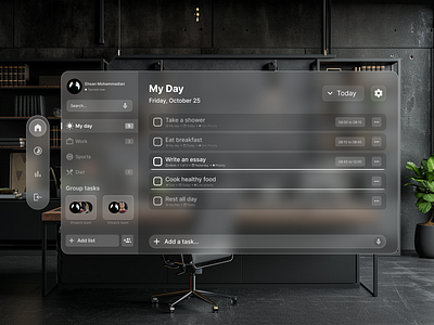 Task manager, Vision Pro app ui glass ui glassy ui list task task calendar task flow task management task manager task modal task ui task vision todo todo list todo list ui ui ui app ui design vision vision pro ui vison pro