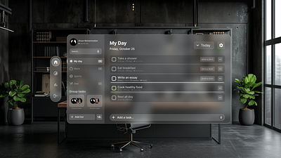 Task manager, Vision Pro app ui glass ui glassy ui list task task calendar task flow task management task manager task modal task ui task vision todo todo list todo list ui ui ui app ui design vision vision pro ui vison pro