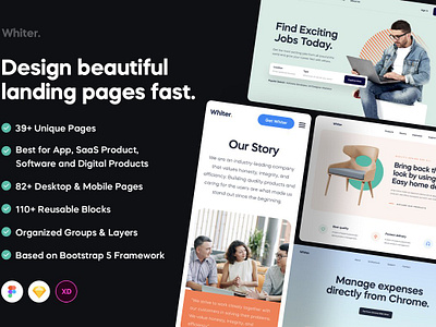 Whiter - Landing Page UI Kit adobe xd app bootstrap design figma furniture industry job directory mobile product saas service sketch software template theme website whiter landing page ui kit