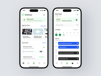Onetrasc - Time Tracker Mobile App app calendar card clean manage menu mobile pause product project saas start task tasks time timeline timing