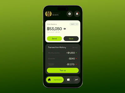 Smart Finance UI/UX balancevision budgettracker cleandesign darkmode financeapp financedashboard financialplanning fintech greenui minimaldesign mobileapp modernui moneymanagement moneytracker personalfinance savingsapp transactionhistory uiuxdesign userinterface walletapp