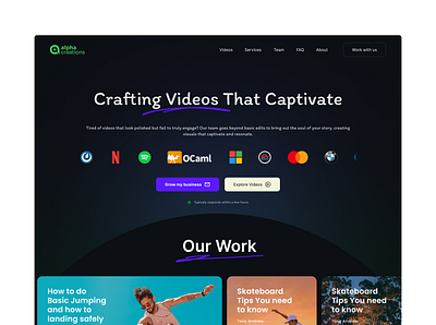 Video Editing Agency Landing Page Design – Alpha Creations agency site figma landing page responsive design uiux uxui video editing agency webdesign