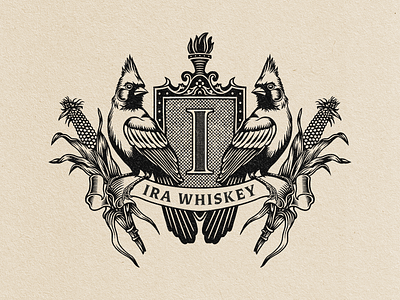 Ira Whiskey Crest Illustration badge design black and white illustration branding cardinal bird illustration emblem design engraving illustration illustration logo vintage illustration whiskey crest whisky crest illustration