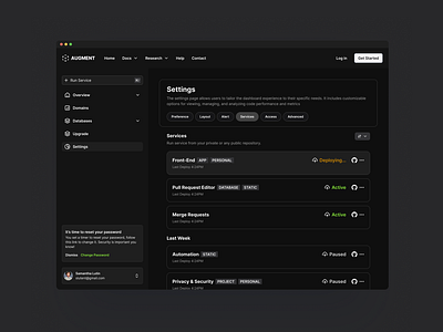 Augment Software Settings black dashboard design ui ux web white