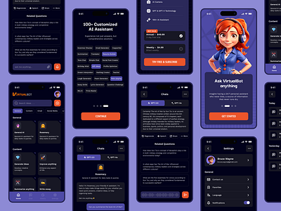 VirtualBot | Mobile App Design🤖 agent ai app assistant bot chat clean dark design gpt illustration ios mobile service suarasa support ui virtual website