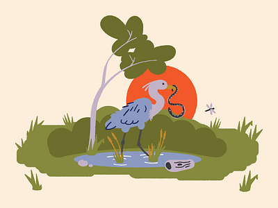 Heron and Snake graphic grass heron illustration pond snake vector