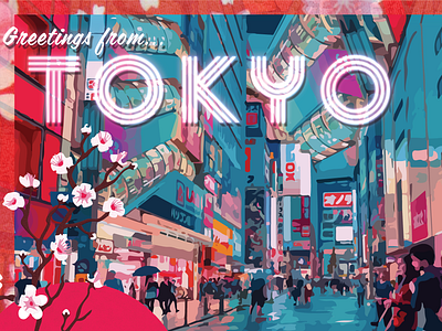 Greetings from Tokyo Postcard cherry blossoms city composite graphic design neon neon lights photoshop postcard tokyo typography