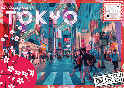 Greetings from Tokyo Postcard cherry blossoms city composite graphic design neon neon lights photoshop postcard tokyo typography