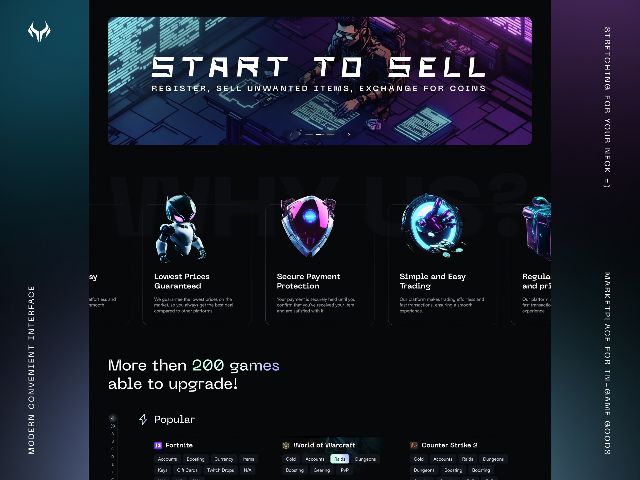 Marketplace for in-game goods (home) app branding creative dark design illustration logo mobile ui ux