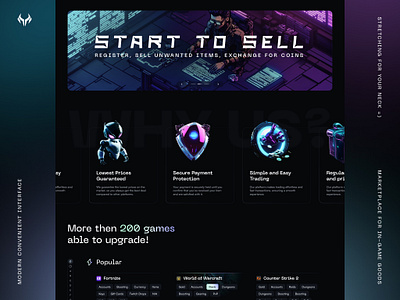 Marketplace for in-game goods (home) app branding creative dark design illustration logo mobile ui ux