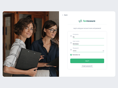 Login Screen for formeasure app boss company create an account dasboard design desktop employee hr inputs login onboarding surveys tests ui ux web web app