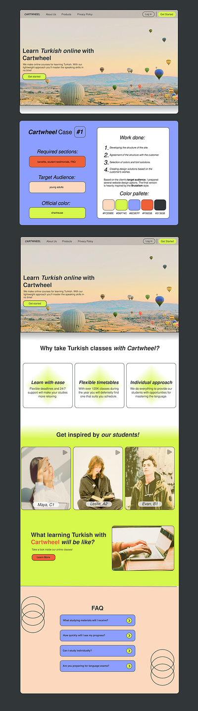 Landing page for Cartwheel language courses. brutalism education landing landing page language courses neo brutalism online courses school coursess typography ui ux