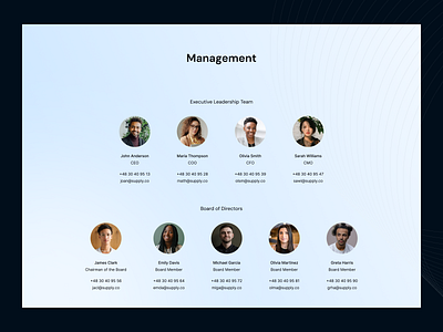 Team page board members contact info directors email figma landing page leaders management meet our team modern people phone portraits positions roles team page ui ux web design website