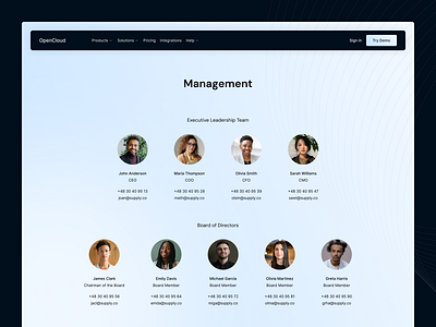 Team page board members contact info directors email figma landing page leaders management meet our team modern people phone portraits positions roles team page ui ux web design website