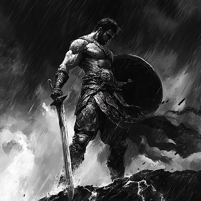 The battle, or the war? 3d art battle black branding character design graphic design illustration monochrome sketch sword warrior white