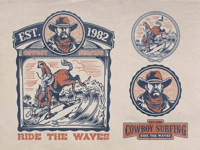 COWBOY SURFING apparel branding bronco cowboy design horse illustration logo merch mission rodeo rope surfing texture vintage western