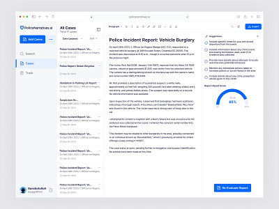 PoliceNarrative.ai – Police Case Report Dashboard Screen ai report writting ai technology ai tool case management dashboard design investigation tool law ai law application design law enforcement police report dashboard product design report analysis report writing smart design ui design ux design web app