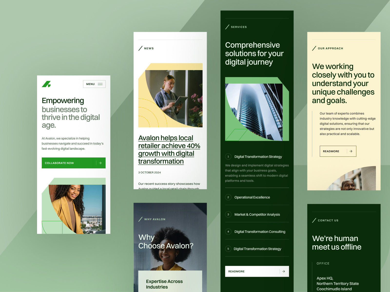 Mobile Exploration - Avalon website business clean consulting design editorial figma green landing page layout minimal mobile responsive typography ui ui design web design