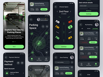 Parking Mobile app booking car car app dark mode driving find parking gps location maps mobile app p2p parking slot parking space popular design rental app shahinurstk02 uiux design valet vehicle