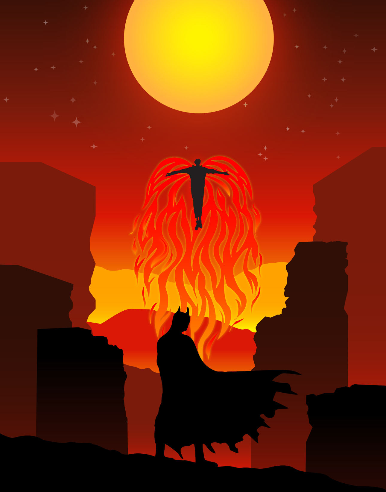 Sukuna Vs Batman (Red) batman city fire illustration jjk jujutsu kaisen sukuna