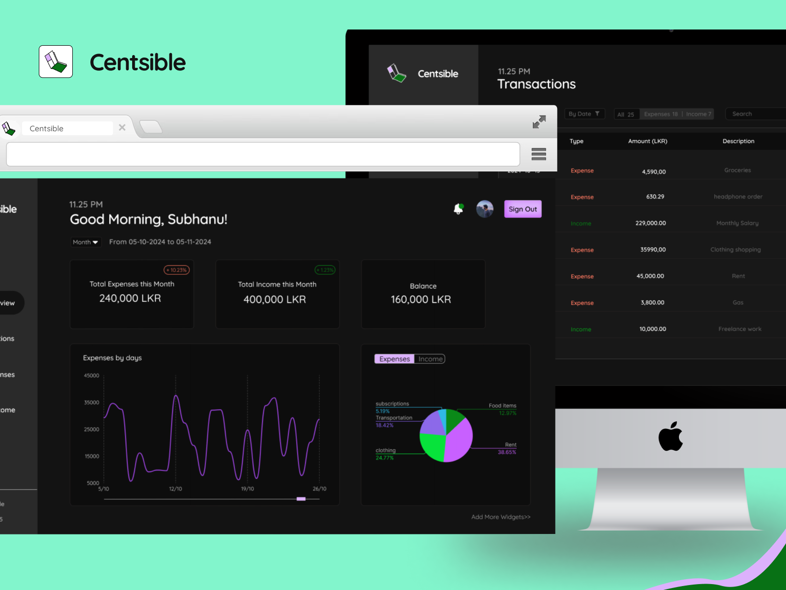 Personal Finance Tracker - Centsible bank dashboard budget app darkmode dashboard expense tracker finance finance dashboard finance tracker fintech minimalist money management personal budget transactions ui web app website