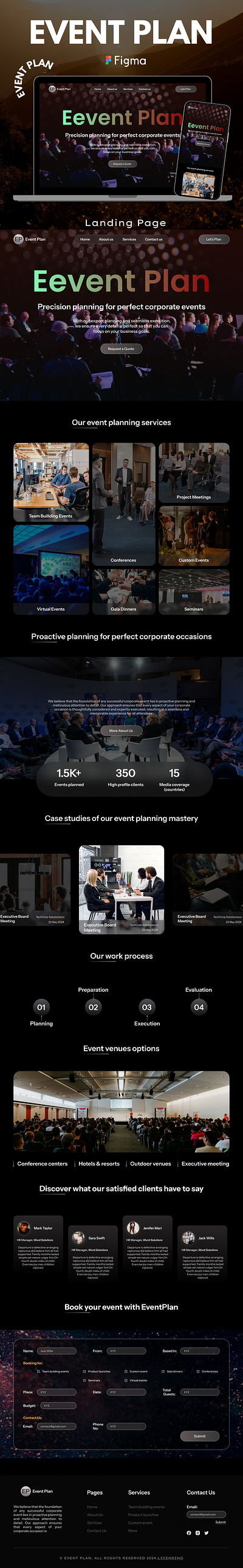 Event Plan Landing Page about us contact us event events booking meeting mockups plan services work process