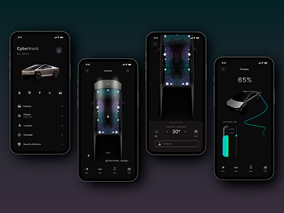 App design: Seamless Vehicle Management at Your Fingertipscyber app design car app car enthusiast charging climate control connected cars cyber truck cyber truck app dark theme electric vehicle mobile app mobile design mobile ui smart control tech innovation tesla user interface ux design vehicle control vehicle management