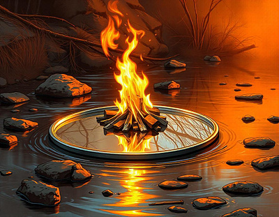 Fireside Reverie: The Mystical Dance of Light artificial intelligence bonfire fire flicker freepik illustration light magic mirror reflection river river bank tracingflock water