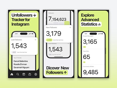 Screenshots for Instagram Analytics analytics app app store branding design figma followers graphic design instagram ios modern screenshots typography ui unfollowers