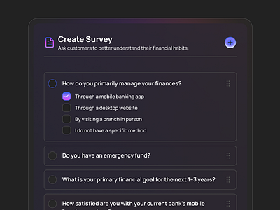 Design Every Day #8 - Fintech Survey Design Concept add answers clean components create createsurvey creative darkmode design design system designer financial fintech minimal question save submit survey ui ui design