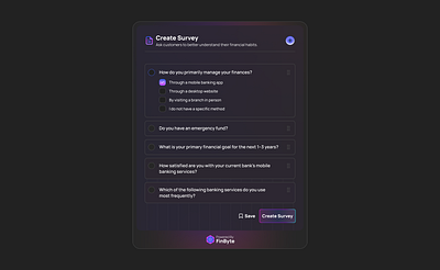 Design Every Day #8 - Fintech Survey Design Concept add answers clean components create createsurvey creative darkmode design design system designer financial fintech minimal question save submit survey ui ui design