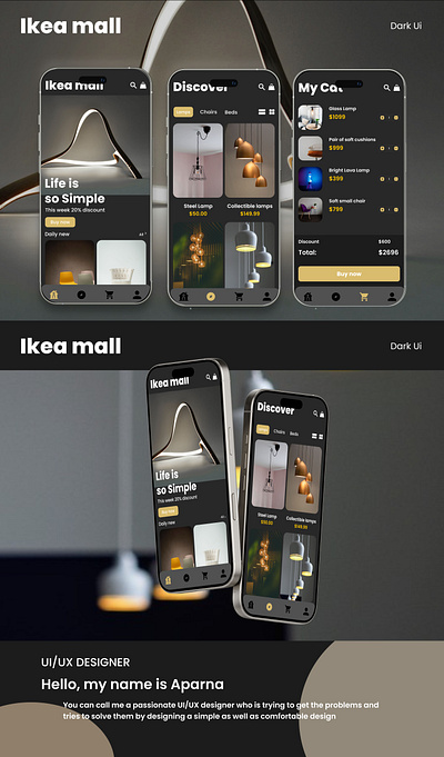 Mobile screens for Ikea app (dark ui) branding darkui design logo mobile app design ui ux