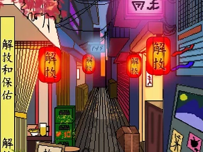 The Asian market.Pixel art graphic design illustration
