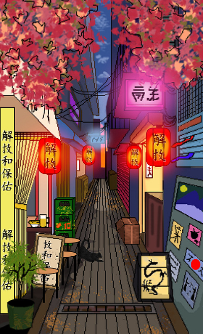 The Asian market.Pixel art graphic design illustration