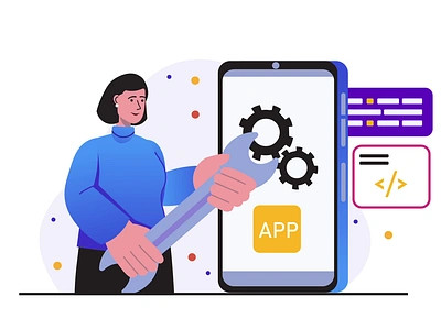 App Development 2D Animation 2d animation app building app coding app creation app development coding fixing flat illustration mobile app mobile design motion programming software development tech industry ui design user experience user interface woman