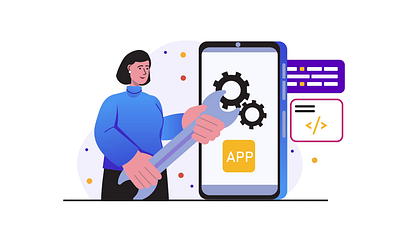 App Development 2D Animation 2d animation app building app coding app creation app development coding fixing flat illustration mobile app mobile design motion programming software development tech industry ui design user experience user interface woman