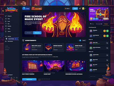 Wizard Casino: Deposit Bonus page 2d betting bonus bonus page calendar casino dark interface deposit fire magic gambling game banners game illustration game interface page promo slot game uiux web design win witch